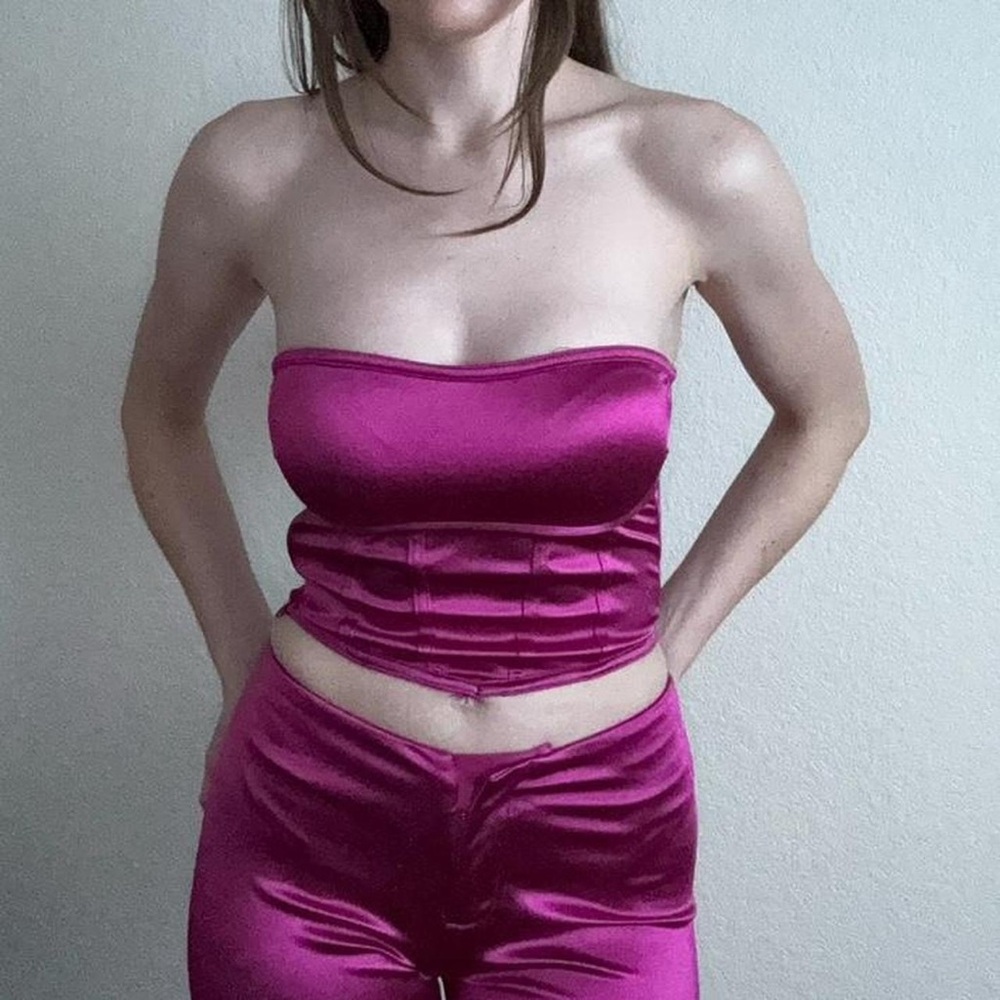 I AM GIA pink satin tube top and flare pants set